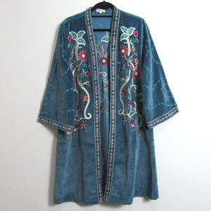 Novica Embroidered Boho Velvet Open Front Kimono Jacket Small